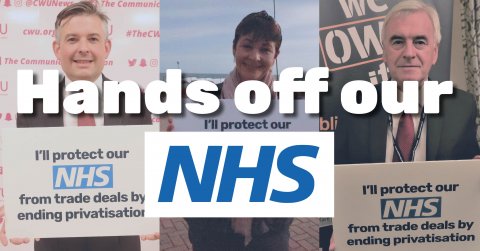 Jon Ashworth, Caroline Lucas and John McDonnell with the words "Hands off our NHS" over the top